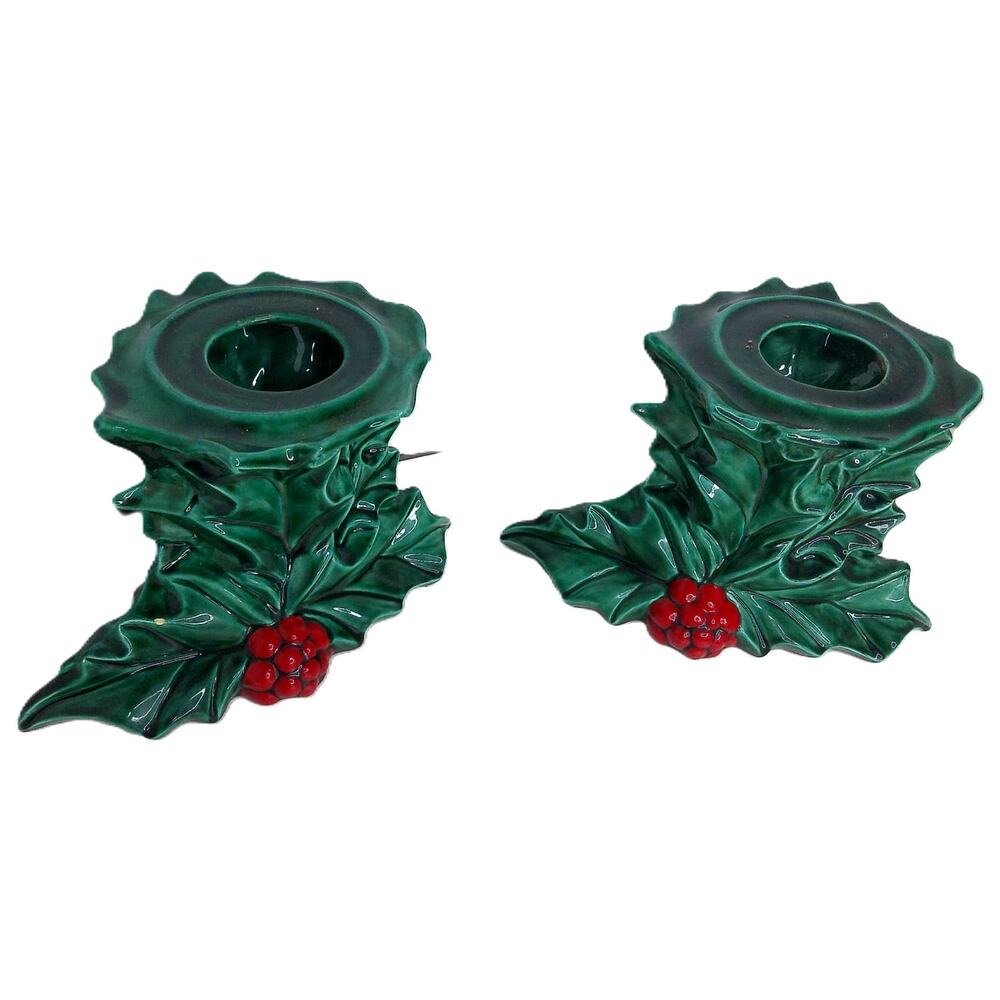 Vintage Ivy Berry Christmas Candle Holders Ceramic Set of 2 READ